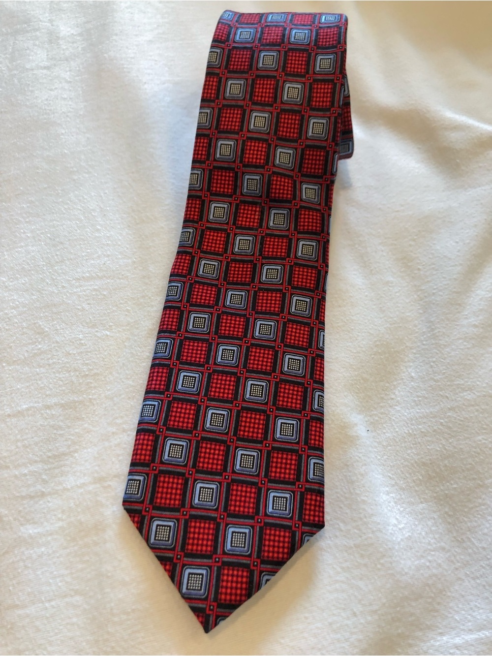JZ Richards Red Geometric Silk Tie with Blue Accents